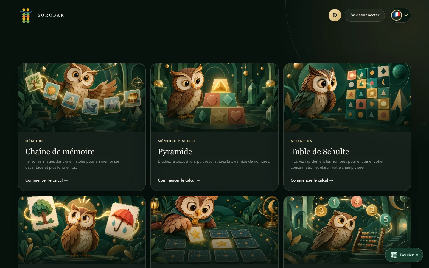 Bibliothèque d’entraînements cérébraux Sorobak avec des cartes de jeux de mémoire et d’attention