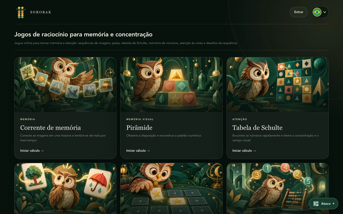 Biblioteca de treinamento mental do Sorobak com cartões de jogos de memória e atenção