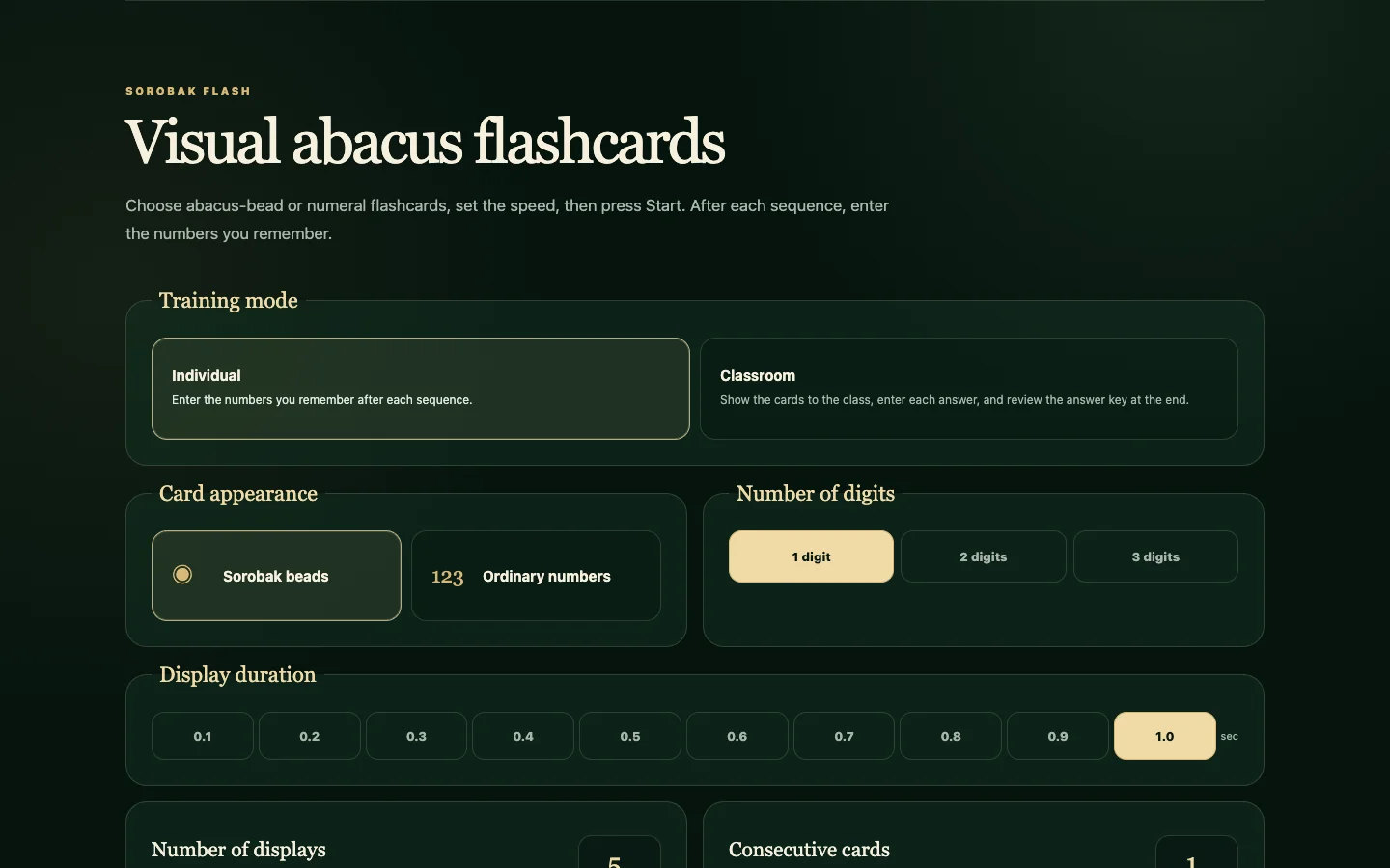 Sorobak free flashcard trainer with digit, speed, and classroom settings