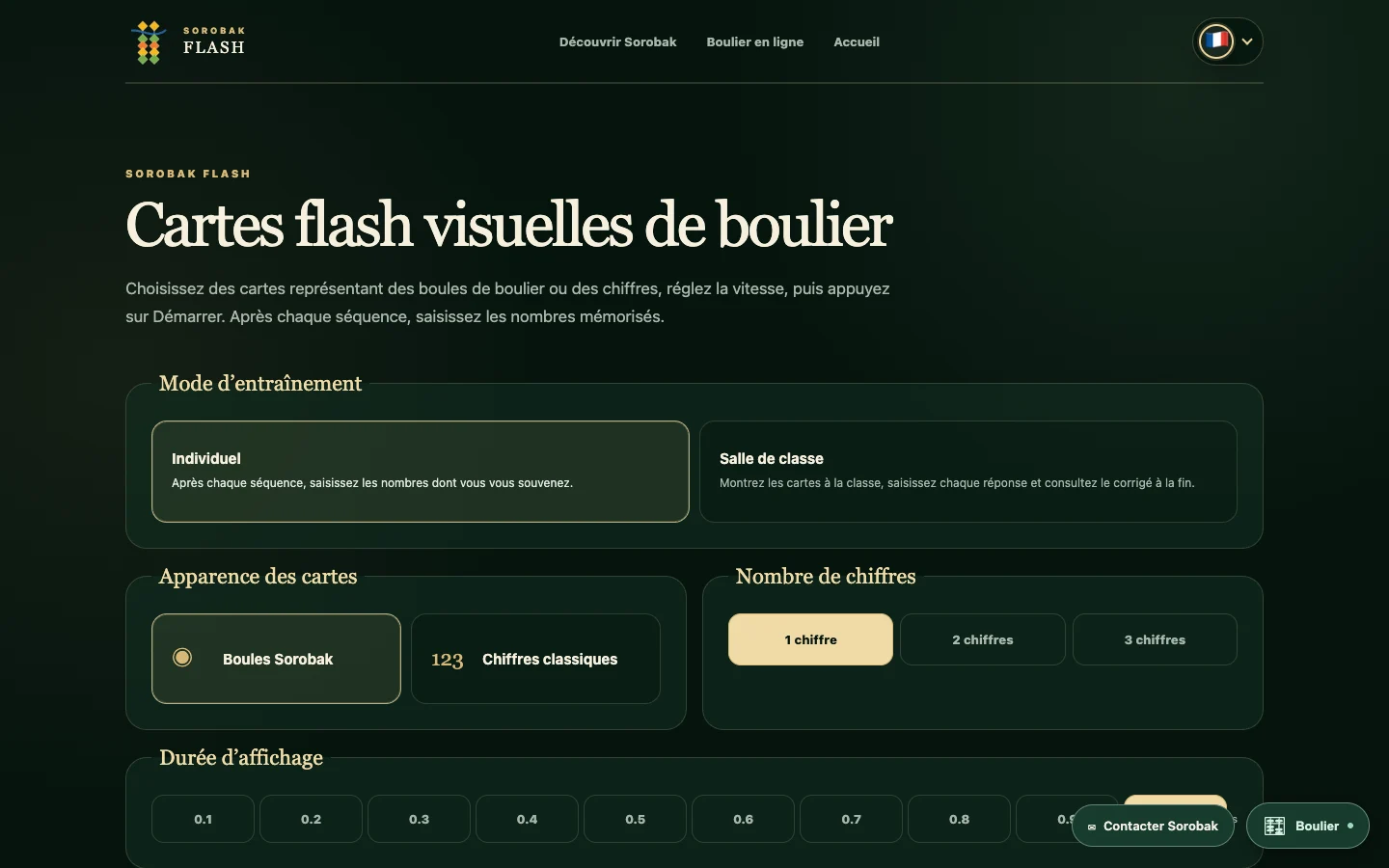 Entraînement gratuit Sorobak avec cartes flash et réglages des chiffres, de la vitesse et du mode classe