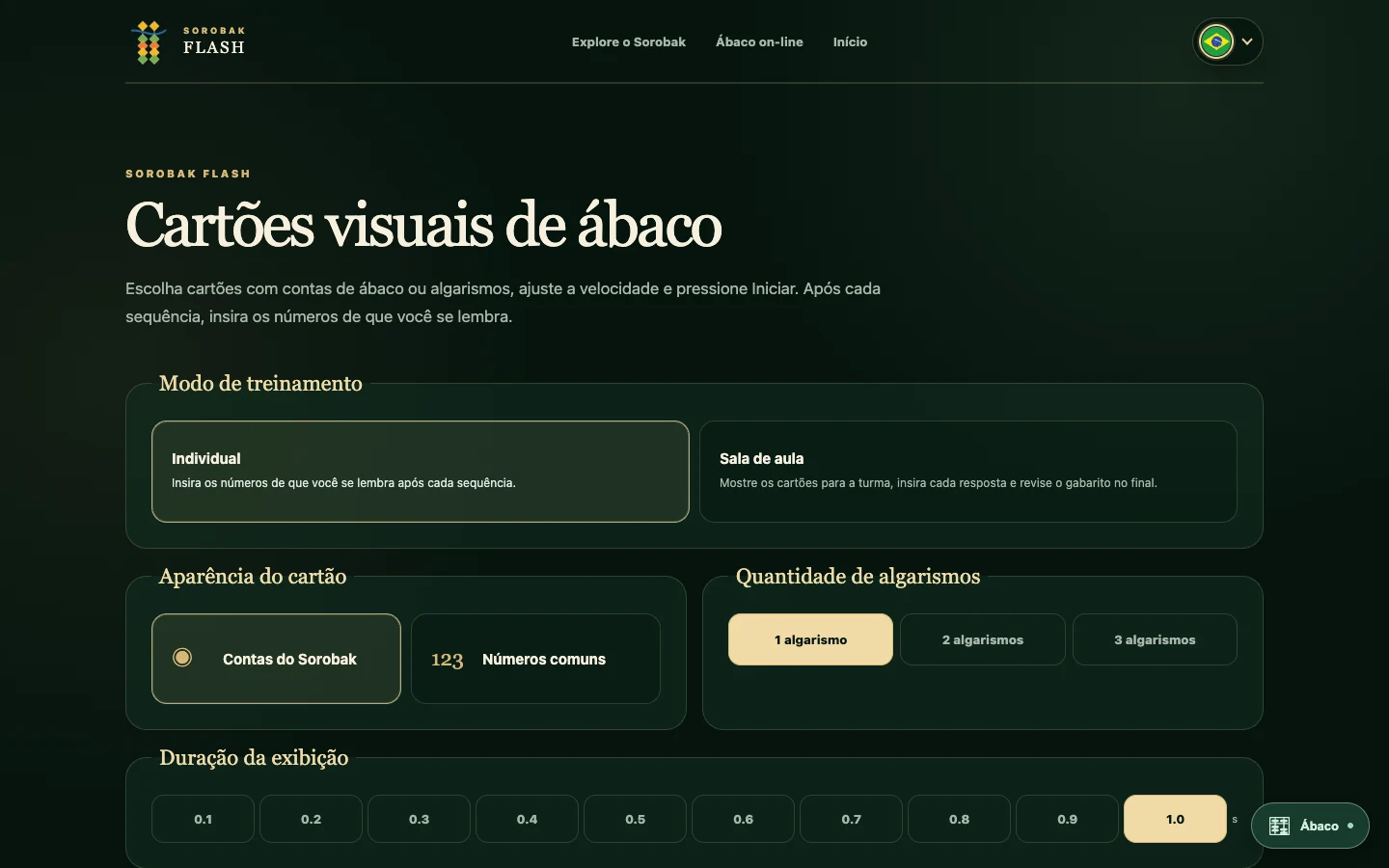 Cartões gratuitos de treinamento do Sorobak com configurações de algarismos, velocidade e sala de aula