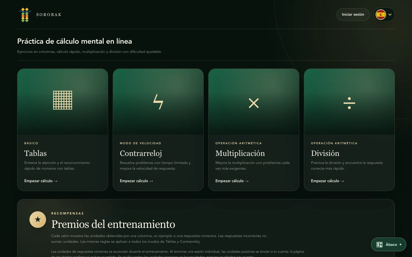 Interfaz de entrenamiento aritmético de Sorobak con columnas, velocidad, multiplicación y división