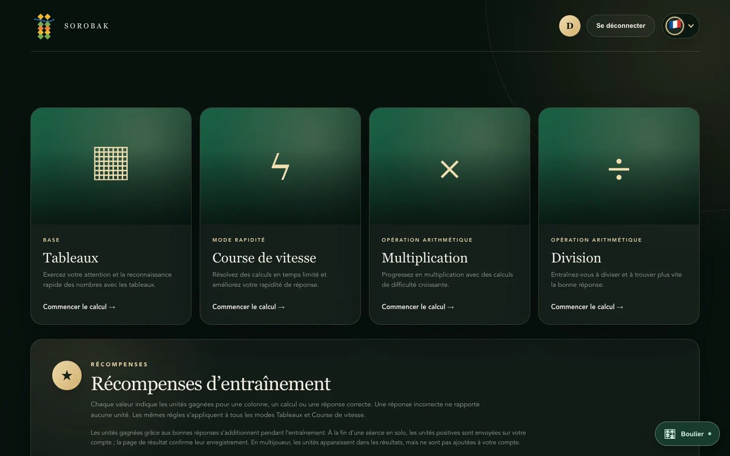 Interface d’entraînement au calcul Sorobak présentant les colonnes, la vitesse, la multiplication et la division