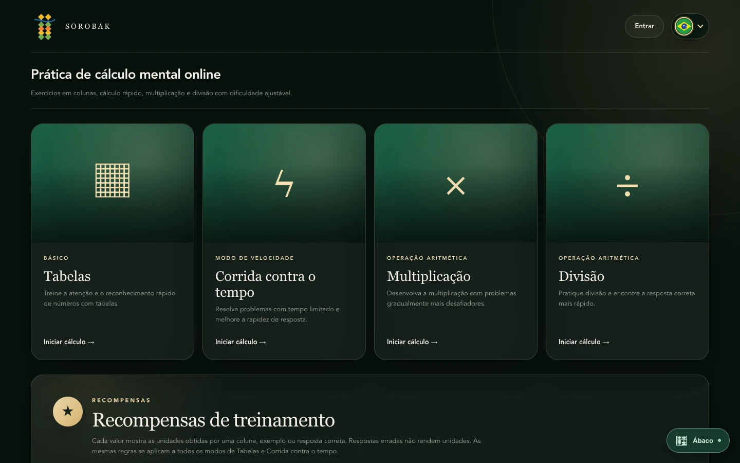 Interface de treinamento aritmético do Sorobak mostrando colunas, velocidade, multiplicação e divisão