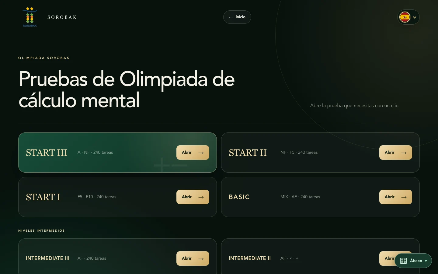 Interfaz de práctica para Olimpiadas de Sorobak que muestra siete niveles de pruebas