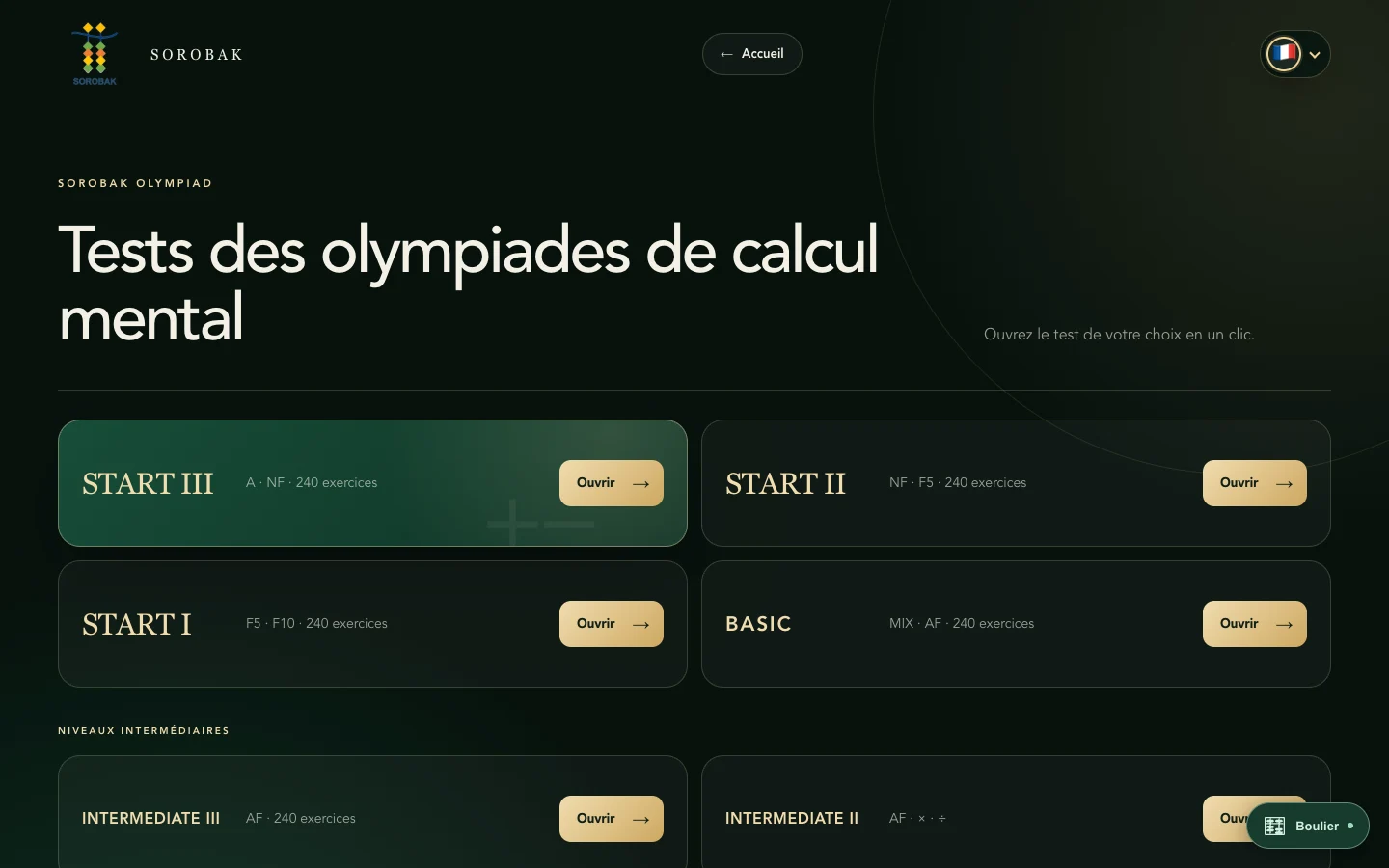 Interface de préparation aux olympiades Sorobak présentant sept niveaux de tests