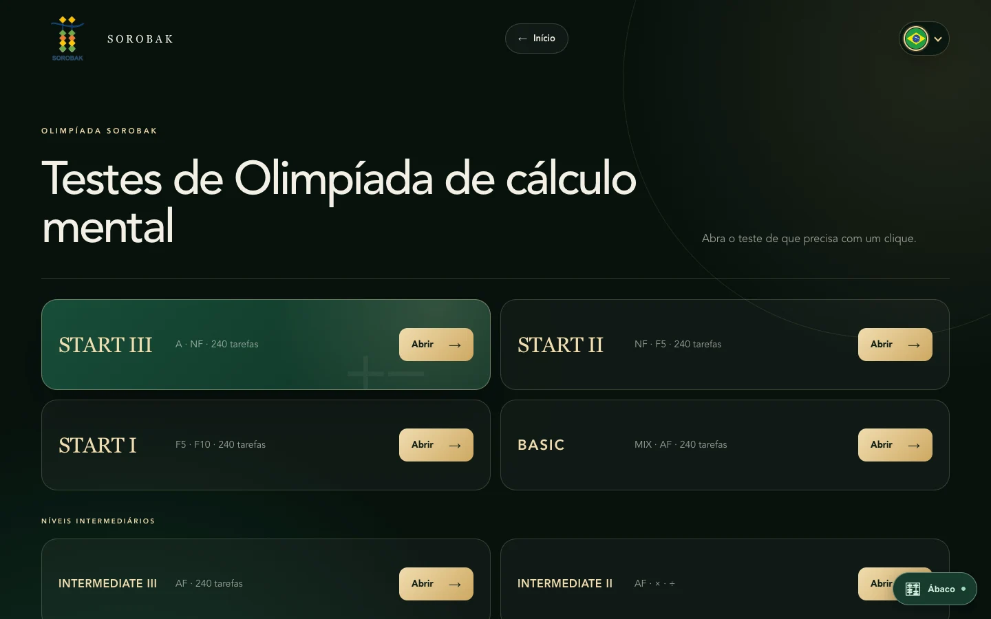 Interface de prática para Olimpíadas do Sorobak mostrando sete níveis de testes